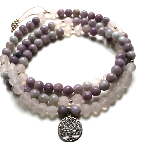 Lepidolite Beads, 108 Mala, Matte Rose Quartz Mala Necklace, Tree of Life Charm