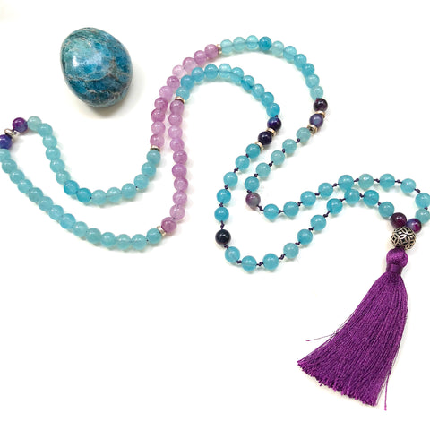 Aria Mala Atelier's unique one-of-a-kind Turquoise Jade, Purple Agate gemstone meditation japa mala is for yoga meditation empowering spiritual daily practise and intention setting
