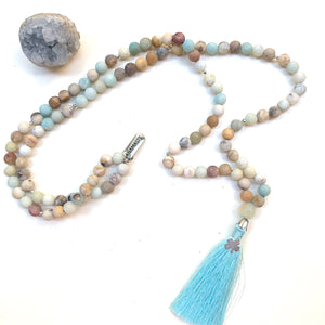  Aria Mala Atelier's unique one-of-a-kind mat natural amazonite meditation japa mala with clover and namaste silver charm is for yoga meditation empowering spiritual daily practise and intention setting, mindfulness practices