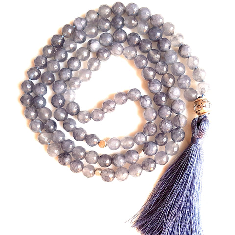 Aria Mala Atelier's unique one-of-a-kind blue jade gemstone meditation japa mala with silver charm is for yoga meditation empowering spiritual daily practise and intention setting