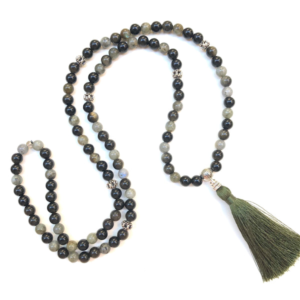 Aria Mala Atelier's unique one-of-a-kind Protective Labradorit and Obsidian gemstone meditation japa mala with silver charm is for yoga meditation empowering spiritual daily practise and intention setting