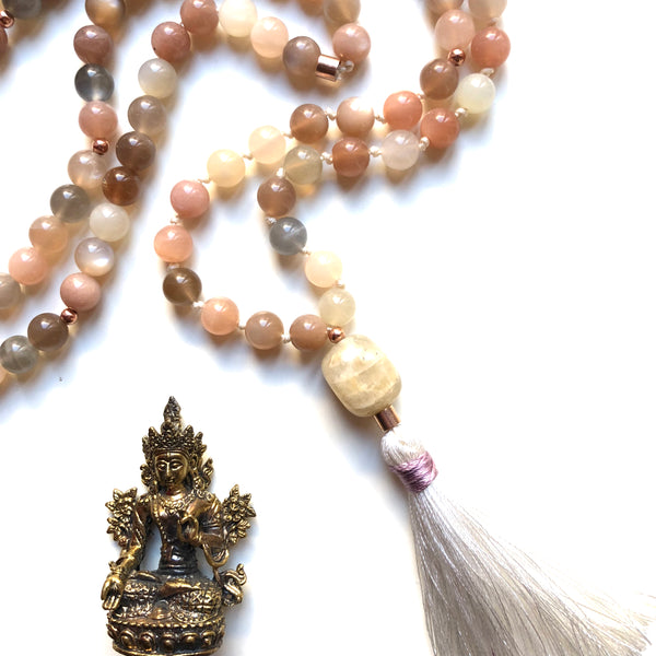 Aria Mala Atelier's unique one-of-a-kind feminine power Peach Moonstone gemstone meditation japa mala with rose color sterling silver charm is for yoga meditation empowering spiritual daily practise and intention setting