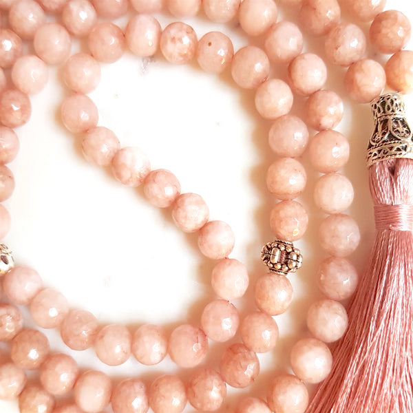 Aria Mala Atelier's unique one-of-a-kind pink jadeite gemstone meditation japa mala is for yoga meditation empowering spiritual daily practise and intention setting