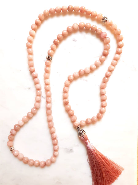 Aria Mala Atelier's unique one-of-a-kind pink jadeite gemstone meditation japa mala is for yoga meditation empowering spiritual daily practise and intention setting