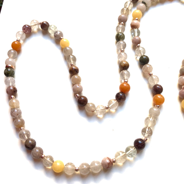 Aria Mala Atelier's unique one-of-a-kind Colorful Quartz, Moonstone guru bead is for yoga meditation empowering spiritual daily practise and intention setting
