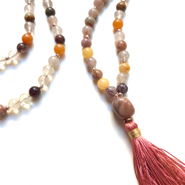Aria Mala Atelier's unique one-of-a-kind Colorful Quartz, Moonstone guru bead is for yoga meditation empowering spiritual daily practise and intention setting