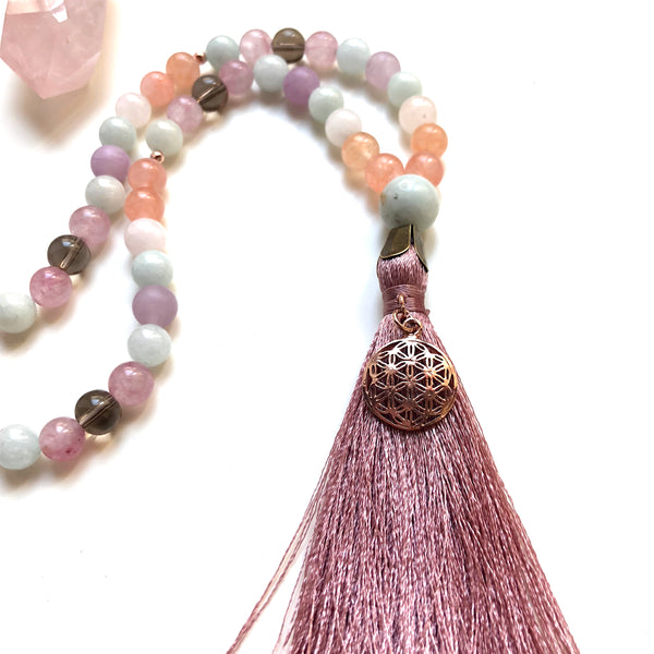 Aria Mala Atelier's unique one-of-a-kind jade, smoky quartz with rose silver life's tree charm is for yoga meditation empowering spiritual daily practise and intention setting, mindfulness