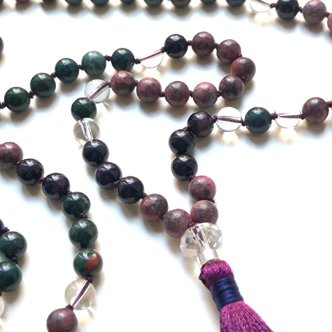 Rhodonite, Bloodstone, Jade, Quartz 108 Beads Mala, Tassel Necklace, Yoga Jewelry, Meditation Beads