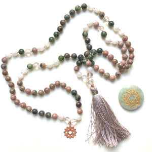 Rhodonite, Moonstone, Original Jade, Quartz 108 Beads Mala, Tassel Necklace, Yoga Jewelry, Meditation Beads