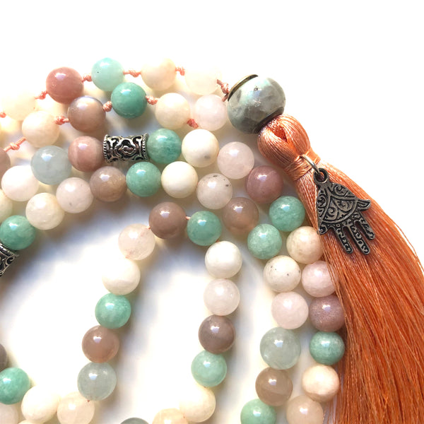 Amazonite Mala Beads, Hamsa, Aquamarine Yoga Necklace, Sunstone Yoga Schmuck