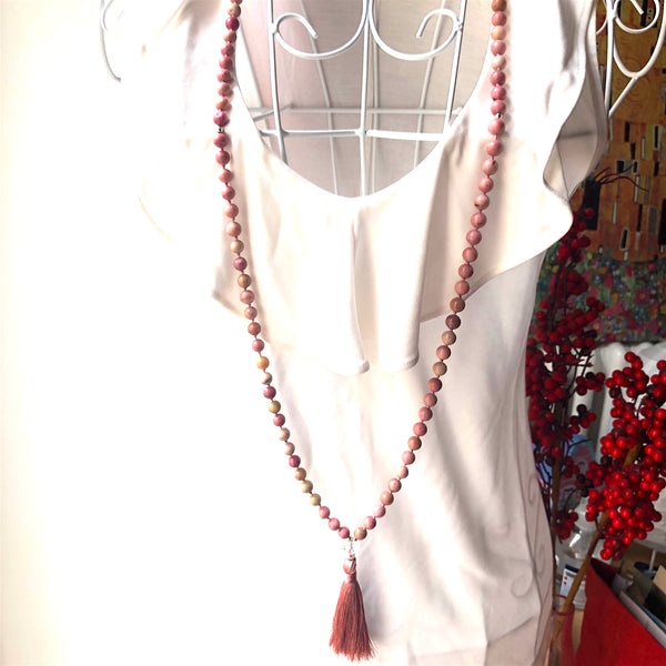 Rhodonite Mala Beads, 108 Mala, Yoga Necklace, Crystal Quartz, Heart Chakra, Yoga Jewelry