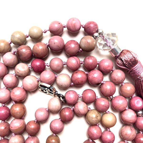 Rhodonite Mala Beads, 108 Mala, Yoga Necklace, Crystal Quartz, Heart Chakra, Yoga Jewelry