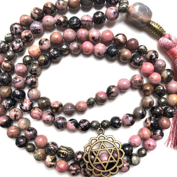 Rhodonite, mala, 108 beads, mala beads, pyrite, heart chakra, charm
