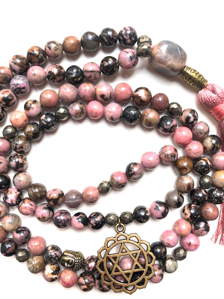 Rhodonite Mala Beads, Pyrite Necklace, Yoga Necklace, Moonstone, Heart Chakra Charm, Yoga Jewelry