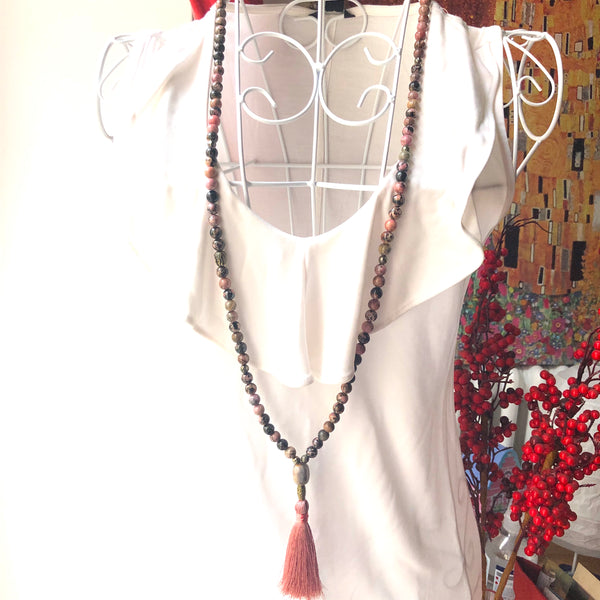 Rhodonite Mala Beads, Pyrite Necklace, Yoga Necklace, Moonstone, Heart Chakra Charm, Yoga Jewelry
