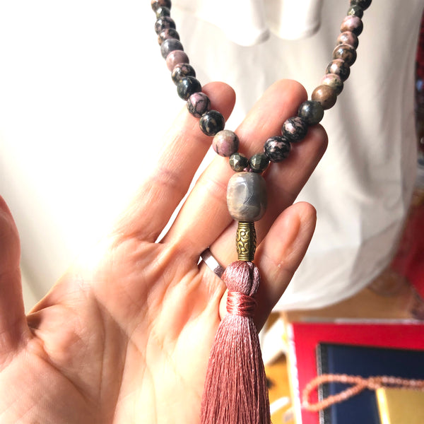 Rhodonite, mala, 108 beads, mala beads, pyrite, heart chakra, charm