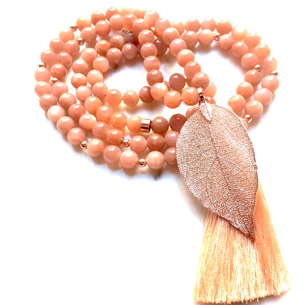 Aria Mala Atelier's unique one-of-a-kind feminine power Rose Moonstone gemstone meditation japa mala with rose leaf shape charm is for yoga meditation empowering spiritual daily practise and intention setting