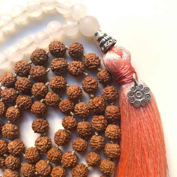 Rose Quartz Mala Beads, Rudraksha Prayer Beads, Yoga Jewelry, 108 Mala, Tassel Necklace