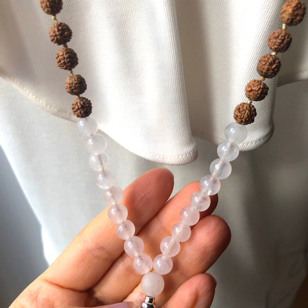 Rose Quartz Mala Beads, Rudraksha Prayer Beads, Yoga Jewelry, 108 Mala, Tassel Necklace