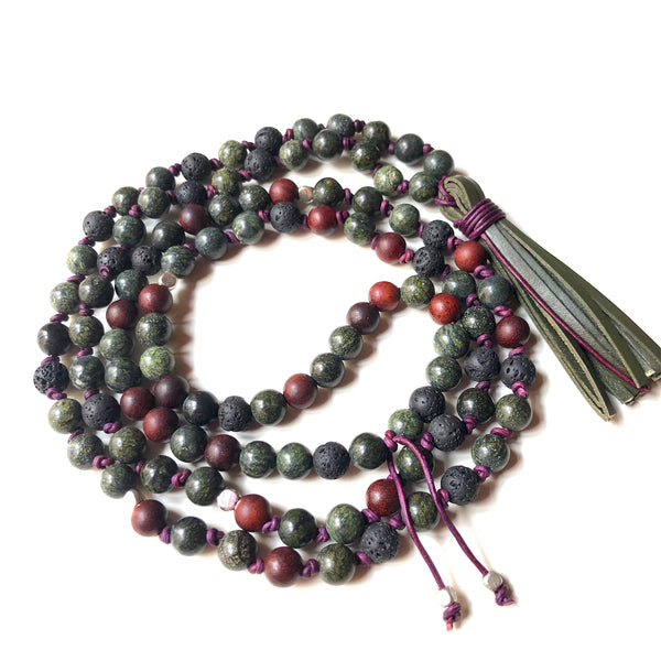 Serpentine Mala Beads, Lavastone 108 Mala, Mala Necklace, Leather Tassel, Half-Knotted, Yoga Jewelry