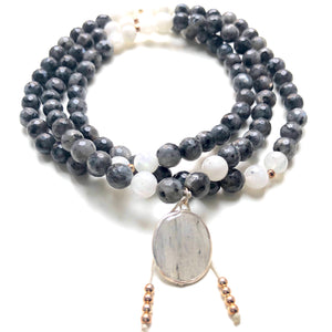Spectrolite Beads, 108 Mala, White Moonstone Mala Necklace, Quartz Charm