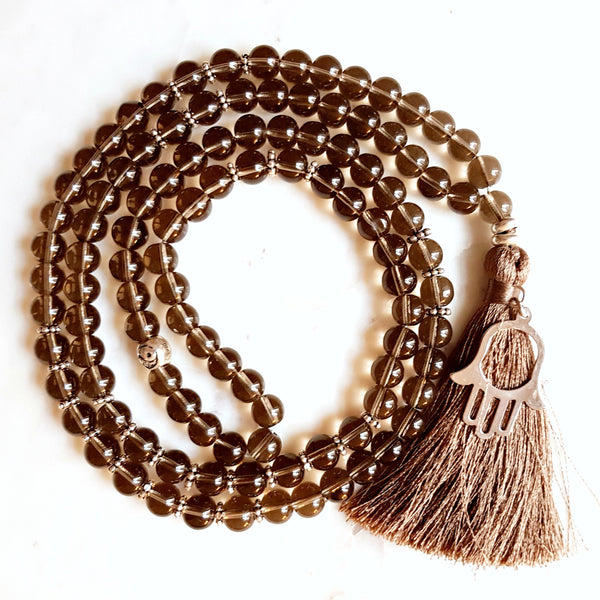 Smoky Quartz Mala Beads, Hamsa, 108 Mala, Mala Necklace, Yoga Jewelry