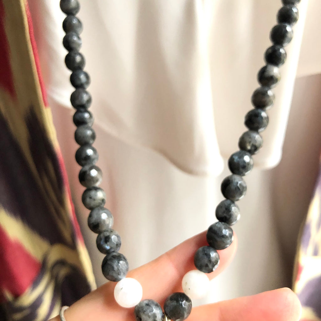 Spectrolite Beads, 108 Mala, White Moonstone Mala Necklace, Quartz