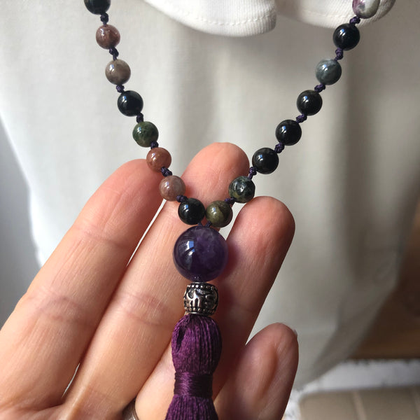 Tourmaline Mala Beads, 108 Mala, Amethyst Mala Necklace, Hand Knotted, Yoga Jewelry