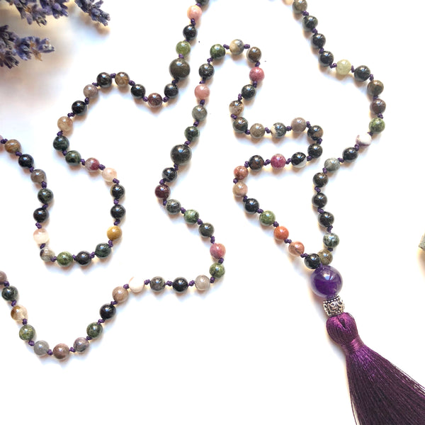 Aria Mala Atelier's unique one-of-a-kind Tourmaline, Amethyst guru bead is for yoga meditation empowering spiritual daily practise and intention setting