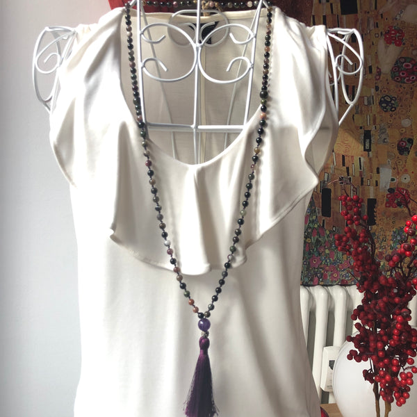 Tourmaline Mala Beads, 108 Mala, Amethyst Mala Necklace, Hand Knotted, Yoga Jewelry