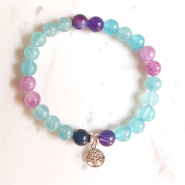 Aria Mala Atelier's unique one-of-a-kind Turquoise Jade Purple Agate with Tree of Life charm for spiritual living