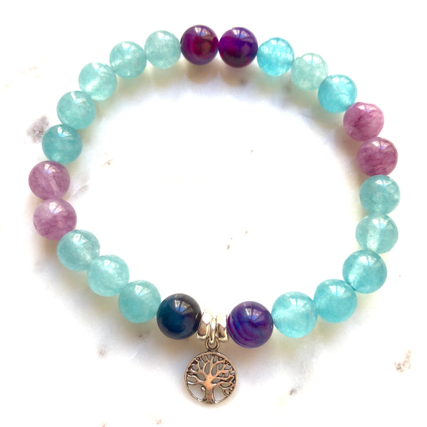 Aria Mala Atelier's unique one-of-a-kind Turquoise Jade Purple Agate with Tree of Life charm for spiritual living