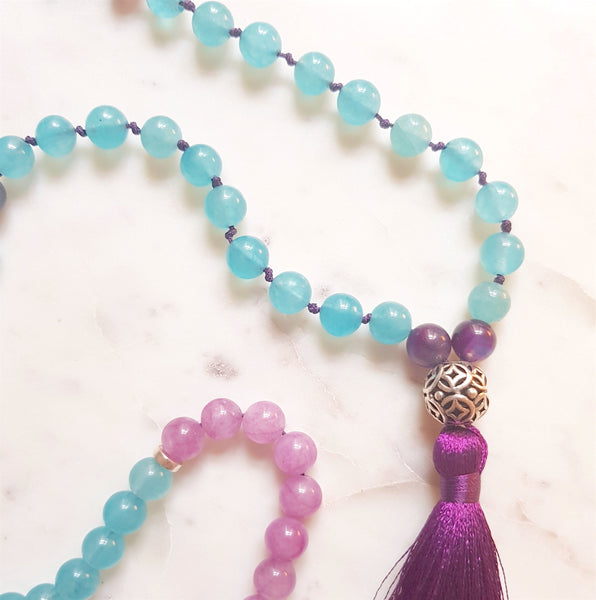 Aria Mala Atelier's unique one-of-a-kind Turquoise Jade, Purple Agate gemstone meditation japa mala is for yoga meditation empowering spiritual daily practise and intention setting
