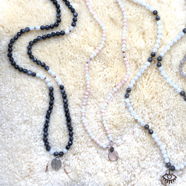 Spectrolite Beads, 108 Mala, White Moonstone Mala Necklace, Quartz Charm