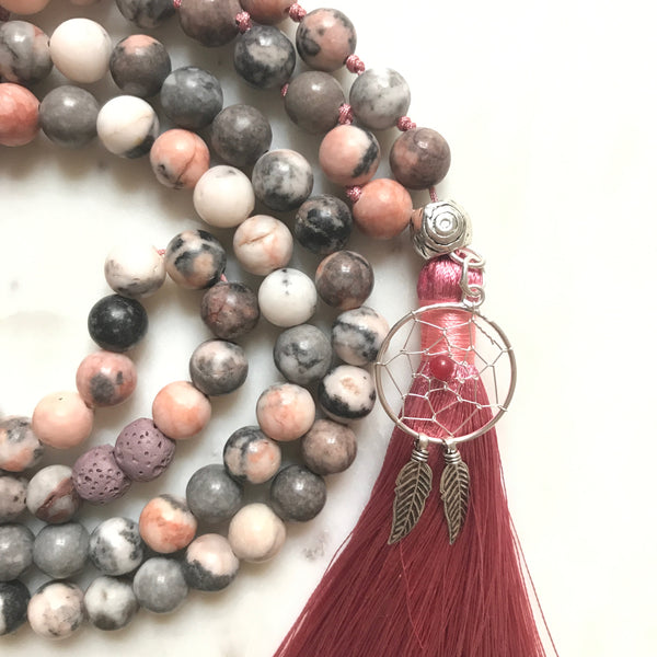 Aria Mala Atelier's unique one-of-a-kind zebra jasper gemstone meditation japa mala with silver charms is for yoga meditation, spiritual daily practise, intention setting